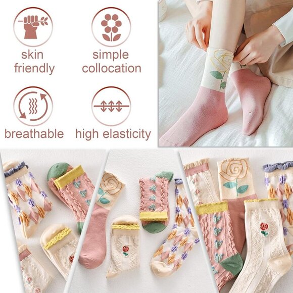 ❤️Womens Floral Socks Vintage Embroidered Frilly Floral Socks Kawaii Girly Ankle - Picture 3 of 7